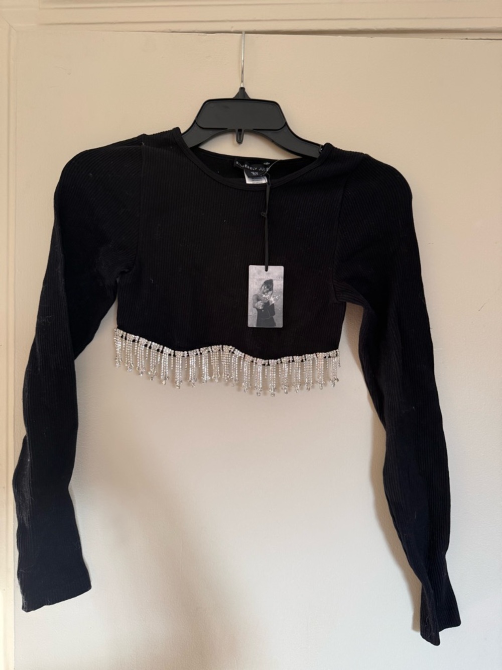 Sincerely Jules Black Long-Sleeve Crop Top with Beaded Fringe